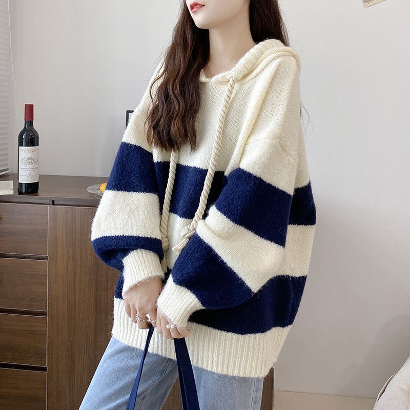 Women S Loose Striped Hooded Pullover Knit Winter Sweater