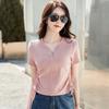 Women's Summer Design Slim V-Neck T-Shirt Drawstring Button Short Sleeve High Waist T-Shirt