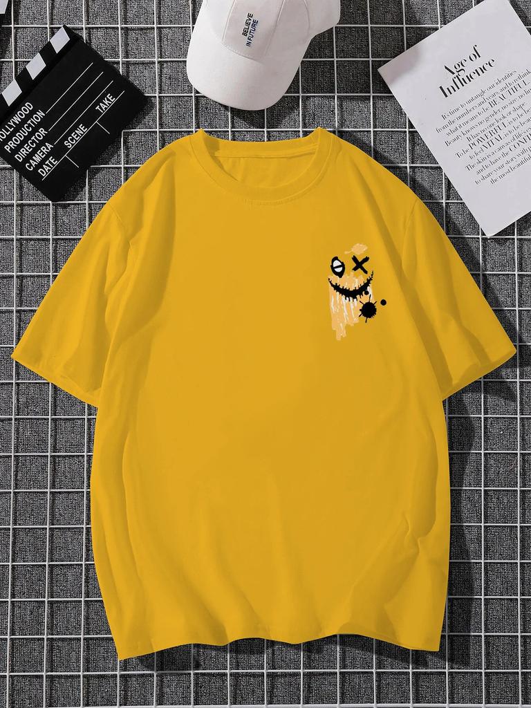 'Smile Mood' Print, Men's Casual Crew Neck Short-Sleeve  Fashion Summer T-Shirts Tops, Men's Outfits Tee,Regular Oversize Tees