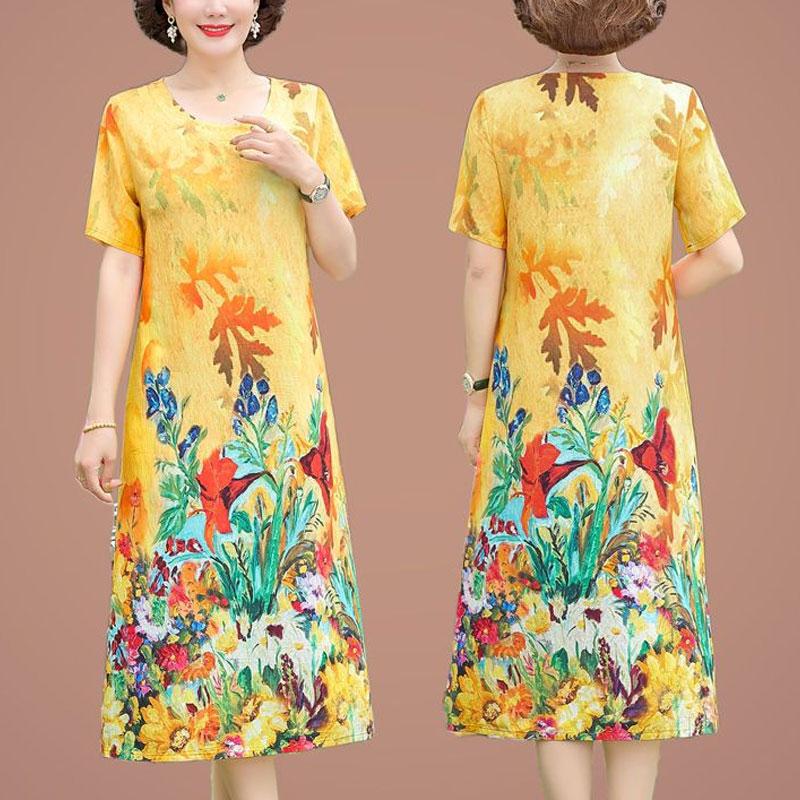 Casual Vintage Floral Printed Midi Dress Folk Female Clothing O-Neck A-Line Summer New Short Sleeve Stylish Spliced Dresses