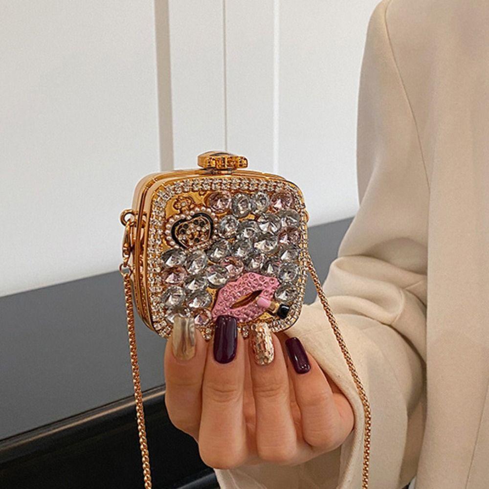 Gold/Silver Banquet Chain Bag Elegant Mini Lipstick Bag Handbag Rhinestone Evening Bag Women