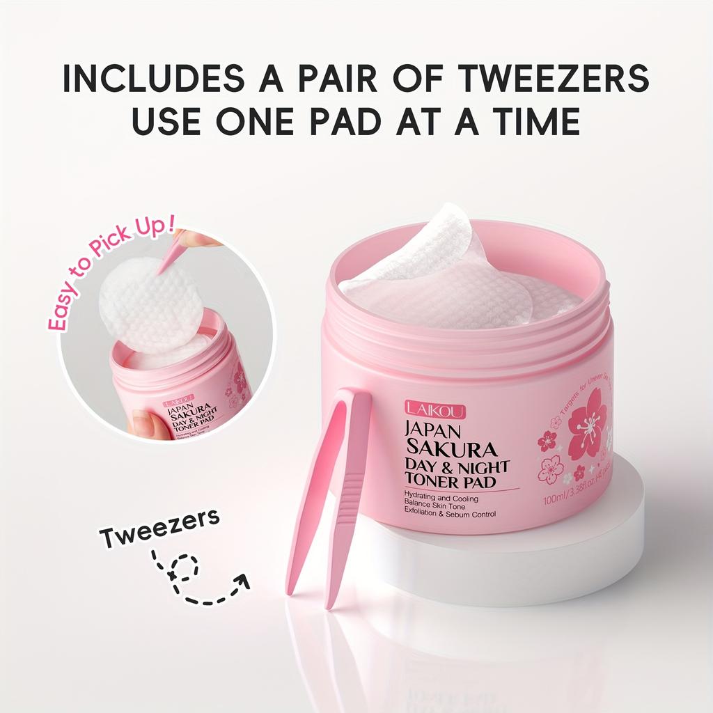 LAIKOU Sakura Toner Pads 40pcs, Daily Cleansing Toner for All Light Beige Types 100ml, Pre-Makeup Toner Pads, Deep Moisturizing, with Tweezers