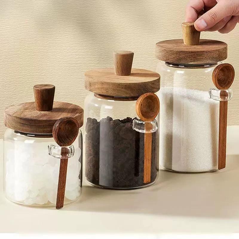 Food Storage Container Glass Jar with Wooden Lid & Scoop Grain Spice Coffee Bean