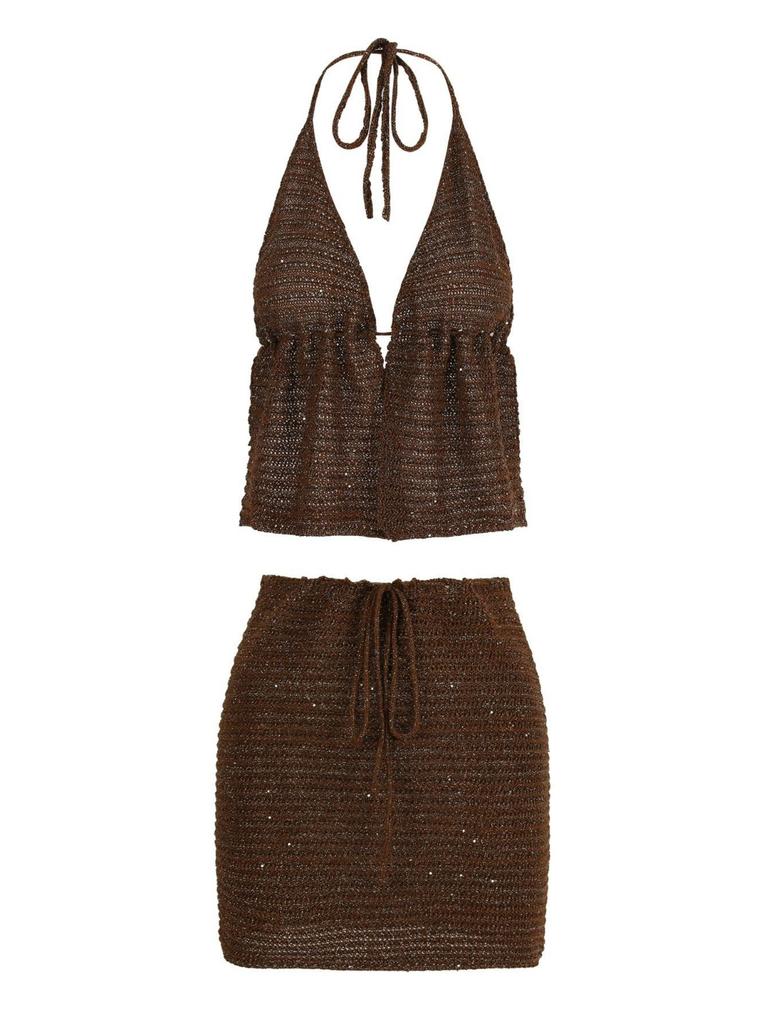 Women Knit Beach Set Sexy Wrap Backless Lace-up Sleeveless Top Mini Skirt 2-piece 2025 Chic Summer Outfit Swimwear Cover Up K153