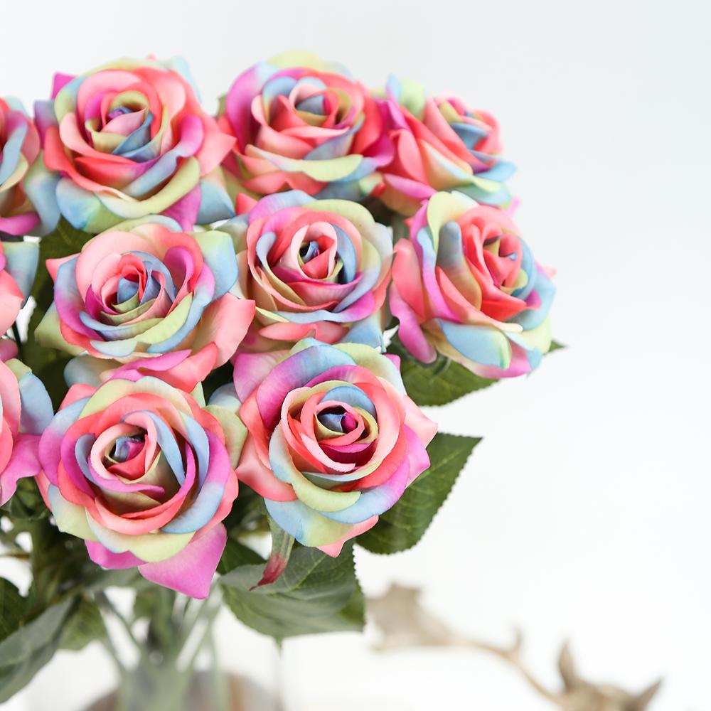 12 Stück Valentinstag Regenbogen Künstliche Rose Blume Echte Haptik Regenbogen Seidenrose Blume Künstliche Rosen für Sträuße Hochzeitsparty Babyparty Heimdeko