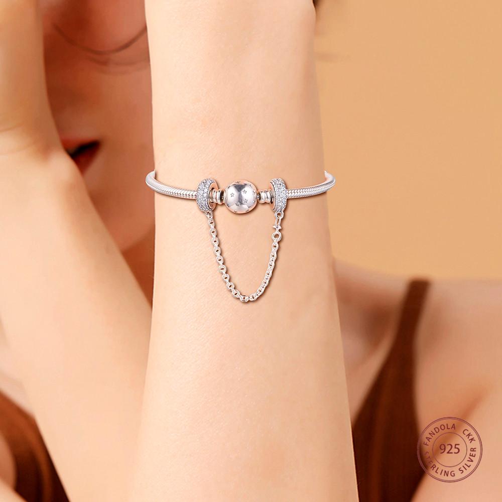 100% 925 Sterling Silver Clear CZ Pave Inspiration Safety Chain Charms Fits Europe Bracelet Beads for Jewelry Making