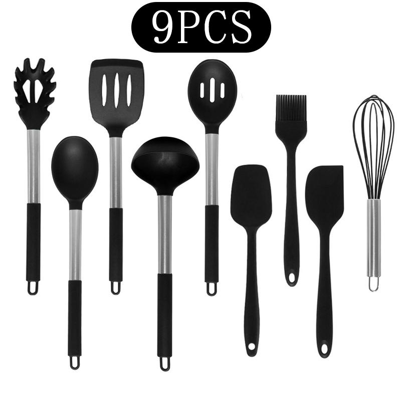 Black Non-stick Silicone Kitchenware Cooking Utensils Set Cookware Spatula Egg Beaters Stainless Steel Handle Kitchen Tool Set