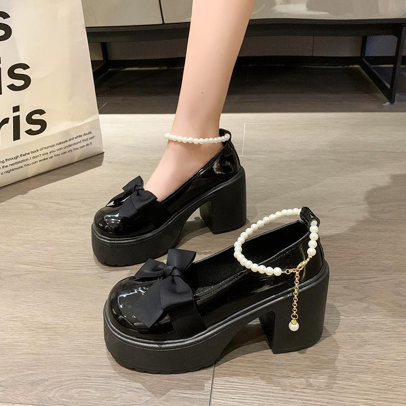 Japanische Mary Jane Schuhe mit Plateau Damen neu Sommer Perlen Schleife Französische hochhackige kleine Lederschuhe Einzelne Schuhe
