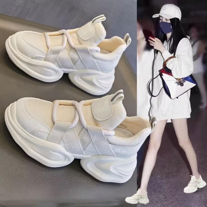 Fashion Leather Platform Shoes  Women's New Black Thick Soles Internal Height Increasing Sports Shoes White Sneakers Women