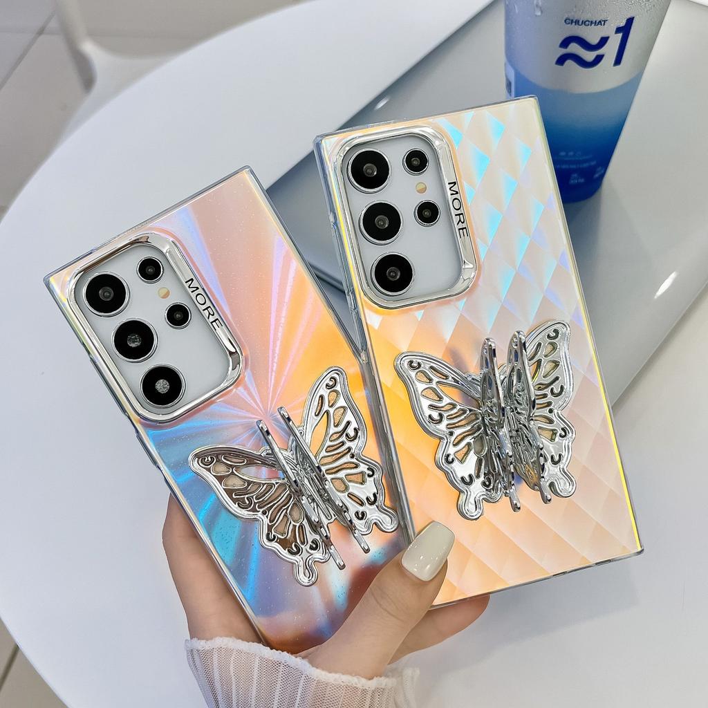 Samsung S25ultra Mobile Phone Case Electroplated Laser S24 All Inclusive Butterfly Stand A56 Protective Case for Women