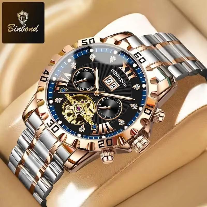 BINBOND Fashion Tourbillon Automatic Watch Men Luxury Skeleton Mechanical Wristwatch Stainless Steel Wristwatches