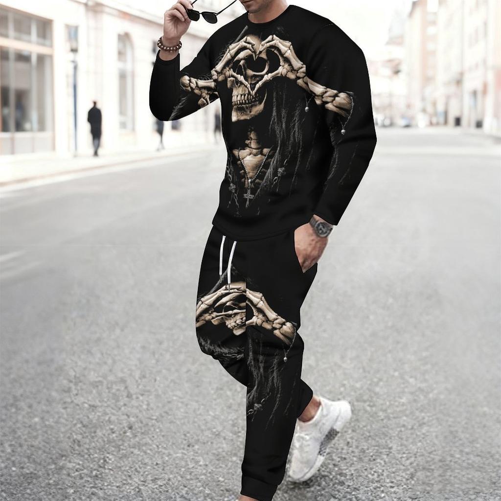 Men Contrast Panel Rose And Skull Art Print Long Sleeve Sweatshirt Jogger Pants Two Piece Suit