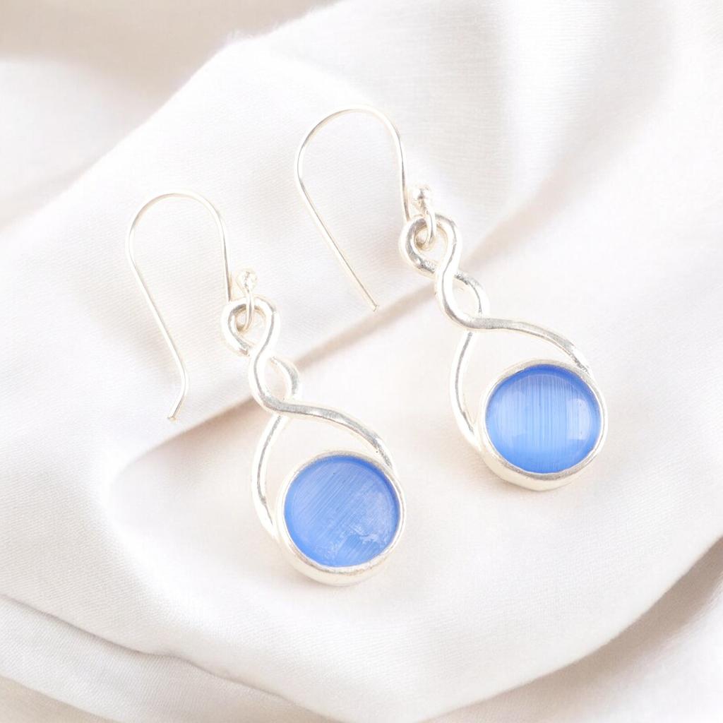 Precious Dark Blue Cat's Eye Gemstone 925 Sterling Silver Women's Earrings 1.68" CE-15-38