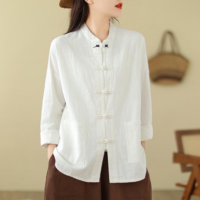2026 Women's Loose Cotton Linen Shirt - Artistic Retro Chinese Style for Spring & Autumn
