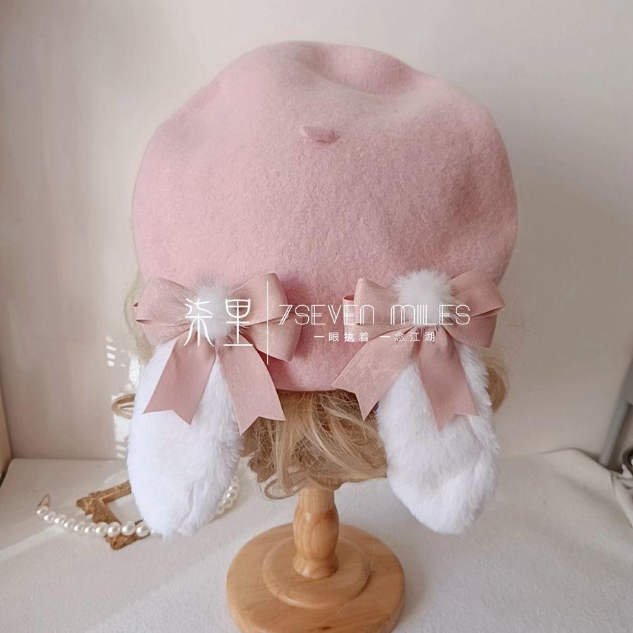 

Beret Women Rabbit Ear Lolita Cosplay Autumn Winter Japanese Style Women s Cap Headwear for Women Woman Hats Bow Pink Beret рожевий