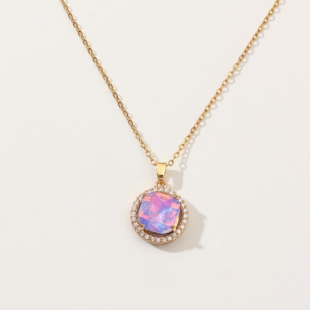 1 Piece Trendy Colorful Round Zircon Pendant Necklaces for Women Gold Color Stainless Steel Necklace Jewelry Party Accessories