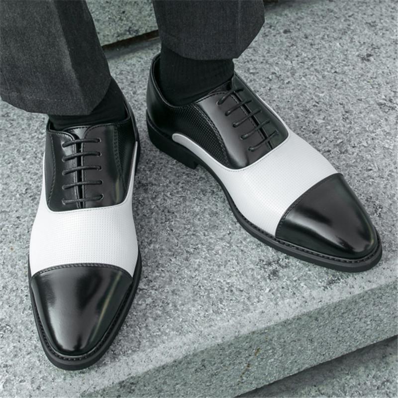 Moda Moda Nowe Męskie Szpiczaste Czarne Z Białym Patchworkiem Casualowe Oksfordy Męskie Wieczorowa Sukienka Powrót do Domu Formalne Ślubne Obuwie
