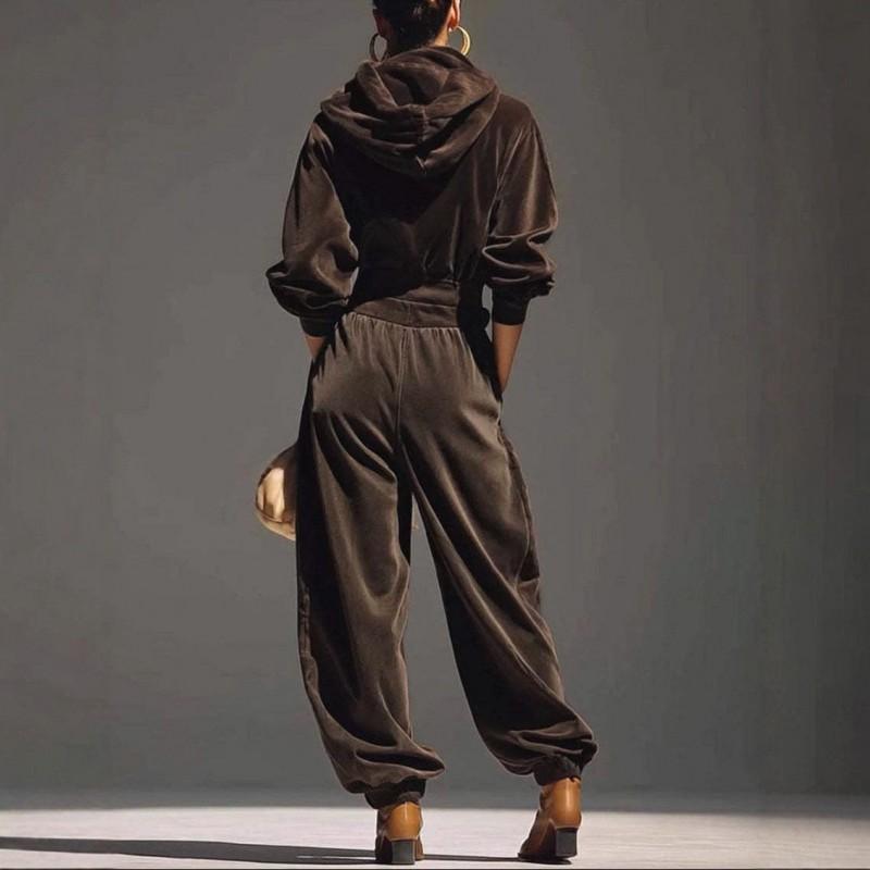 Womens Velvet Hooded Long Sleeve Lounge Set With Elastic Cuffs Loose Fit Pants