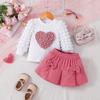Children's Clothing New Puff Sleeve Love Medal Top Rose Red Bow Skirt Set for Children