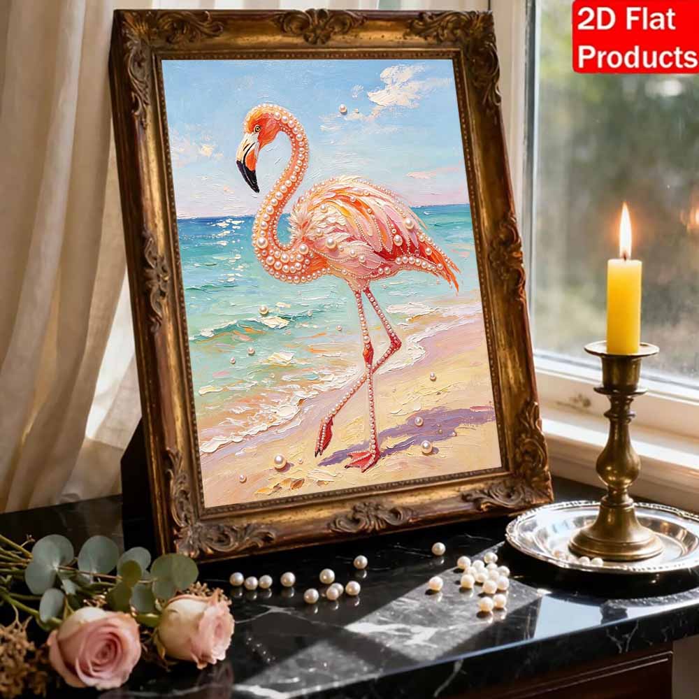 Framed Pearl Painting Kit Flamingo Bird Tropical Beach Scene DIY 3D Bead Art Canvas Relaxing Handmade Craft for Adults Art Decor Gift