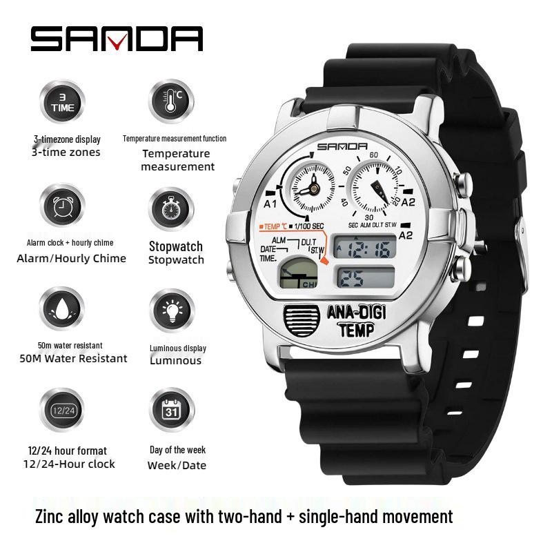 Sanda Men's Multi-Function Square Steel Band Watch with Temperature Measuring and Stopwatch Timer