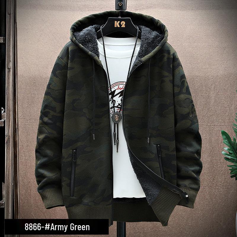 Men's Korean Style Camouflage Velvet Hoodie - Casual Autumn/Winter Knitwear