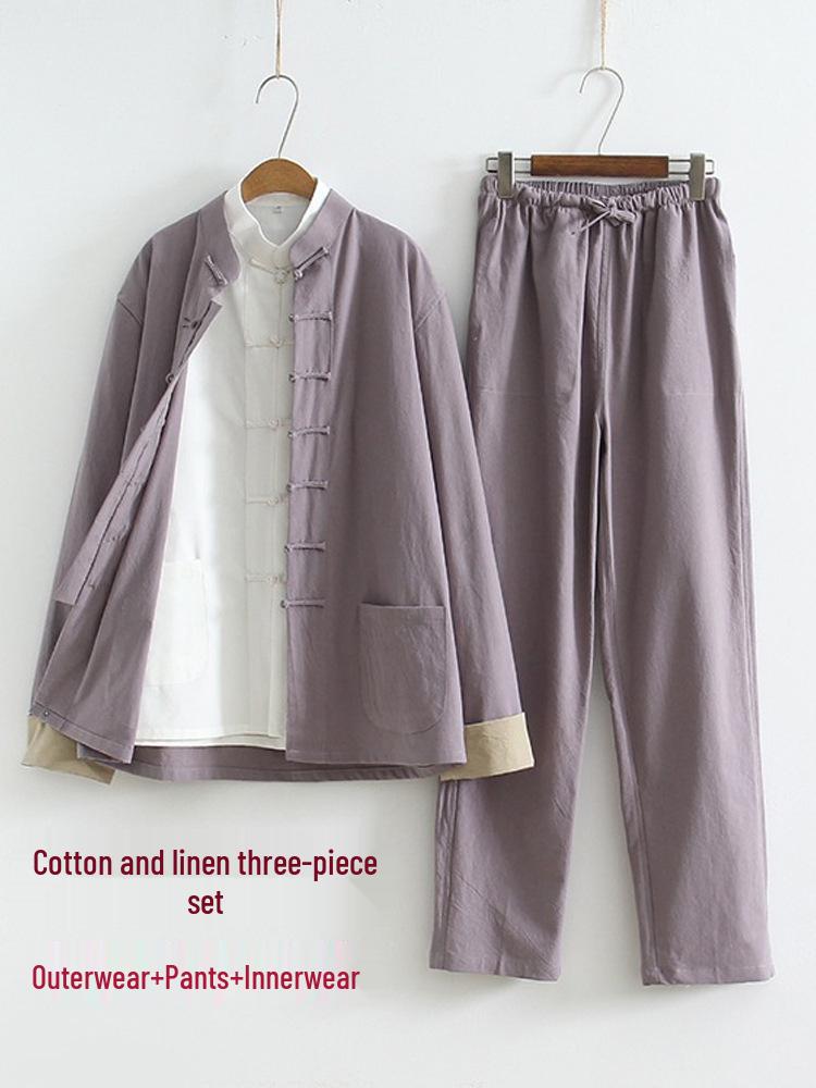 Herren Chinesischer Tang-Anzug: Frühlings-/Herbst-Baumwoll-Leinen-Set mit Froschknöpfen - Retro Mönch Teezeremonie Hanfu Robe.