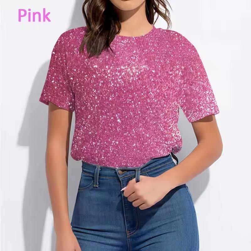 Color Glitter Pattern 3D Printing Women Diamond Fashion Summer Casual T-shirt Short Sleeves Pullover Oversized Y2K Streetwear
