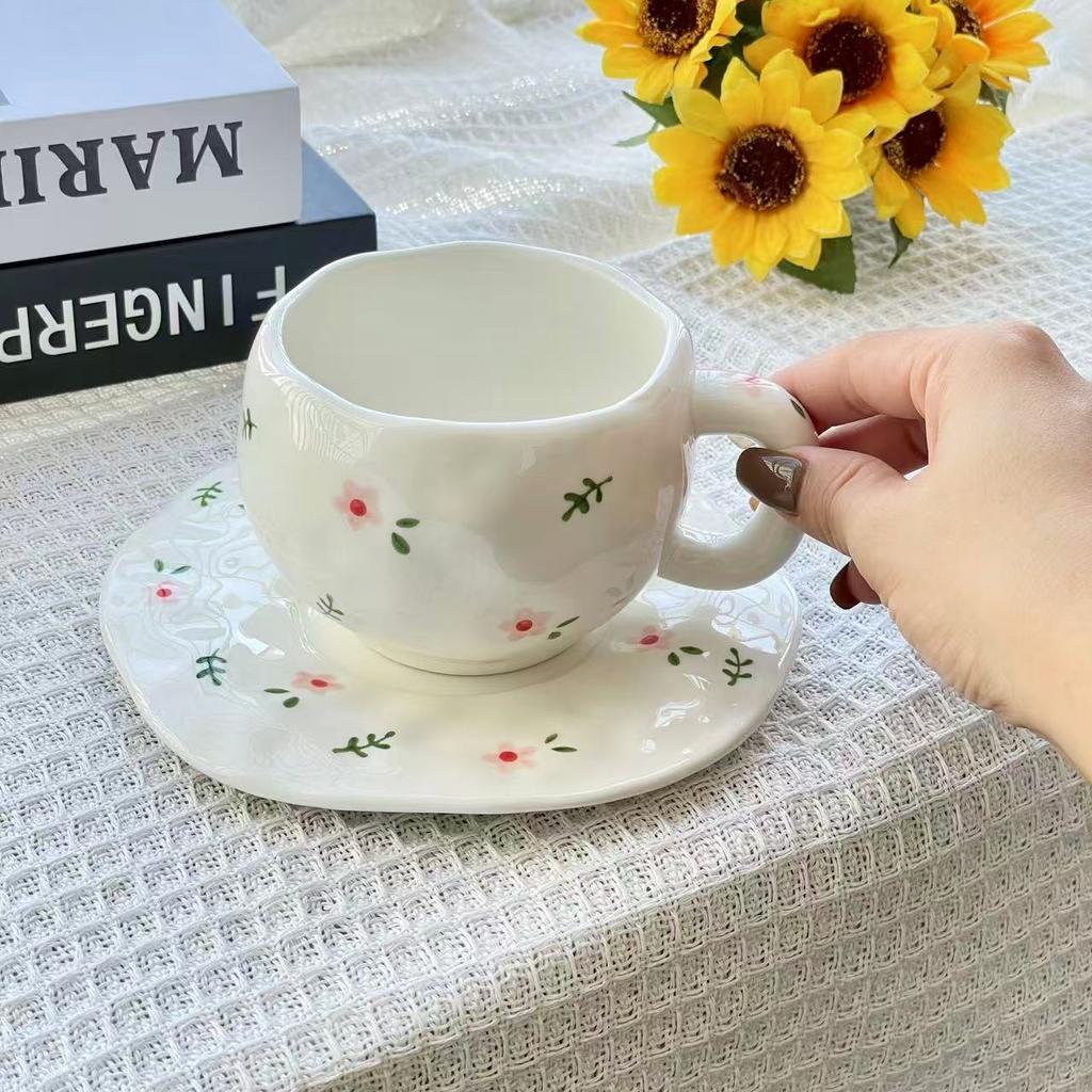 Wind Hand-squeezed Ceramic Coffee Cup and Saucer Set, Hand-painted Flowers, Cute Mugs, High Value