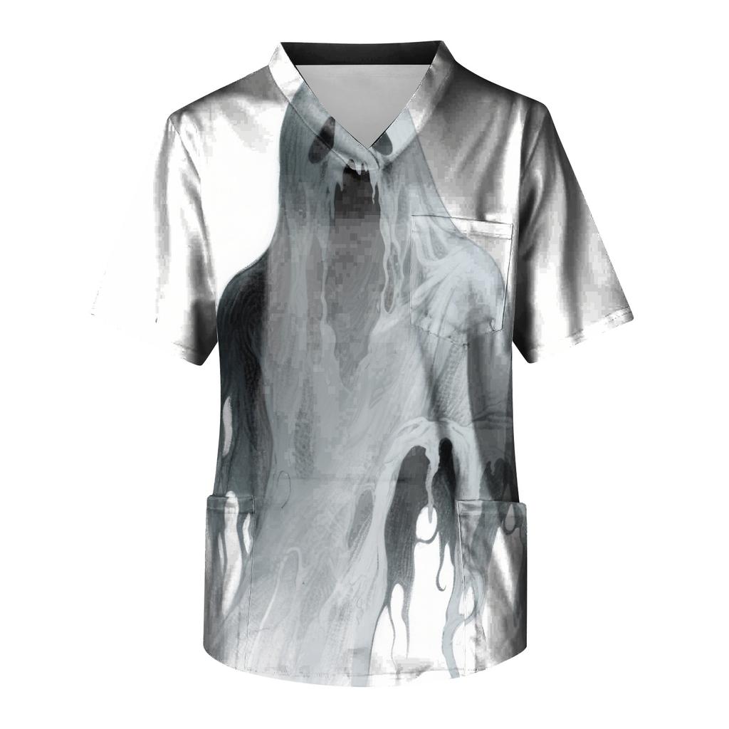 Herren Halloween Print V-Ausschnitt Kasack Kurzarm Medizinische Arbeitskleidung mit Tasche Leicht Bequem Passend für medizinisches Fachpersonal