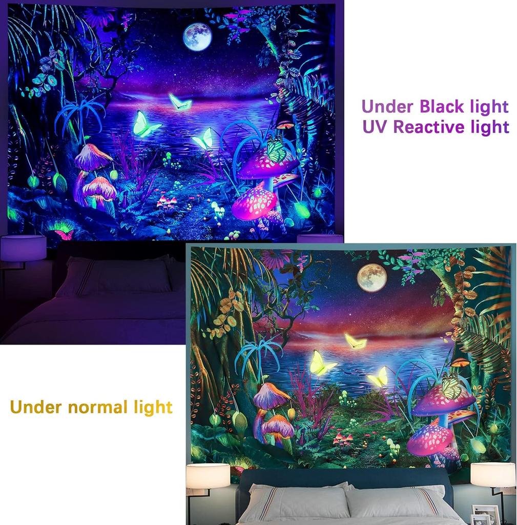 Arazzo Fantasy Forest con luce nera, arazzo estetico Moon, arazzo farfalla reattivo UV, arazzo Galaxy Space, da appendere alla parete per camera da letto e soggiorno