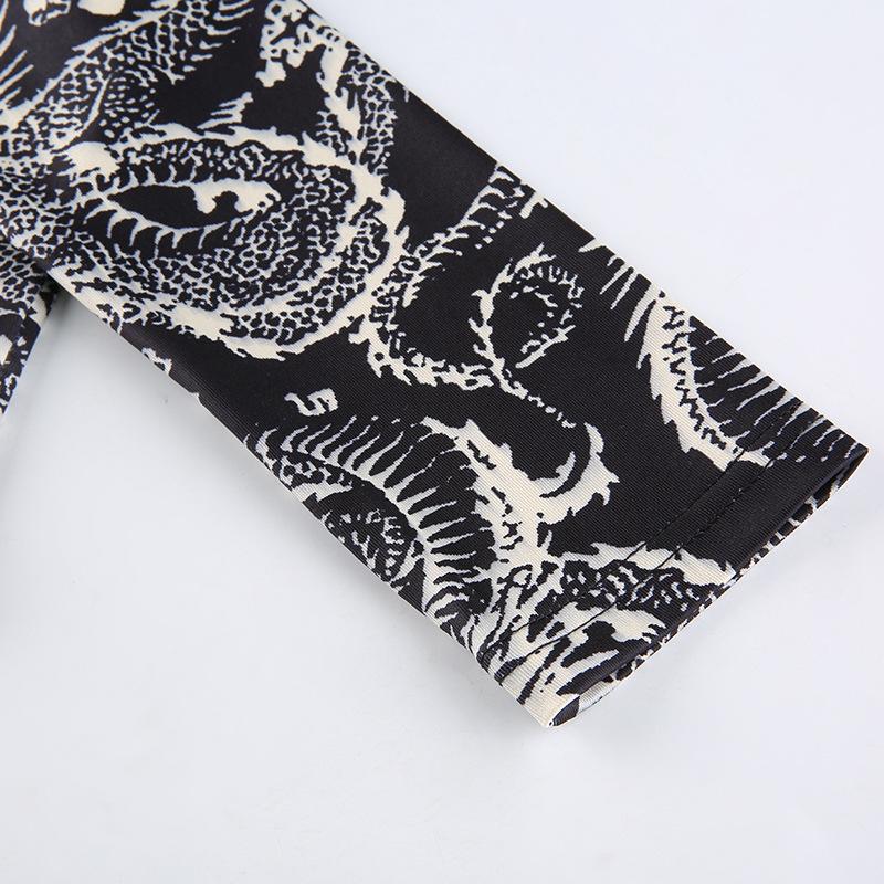 Trend w modzie damski stylowy nadruk ze smokiem krótkie bluzki z długim rękawem wysoki kołnierz wąski T-shirt obcisłe koszulki na wiosnę jesień