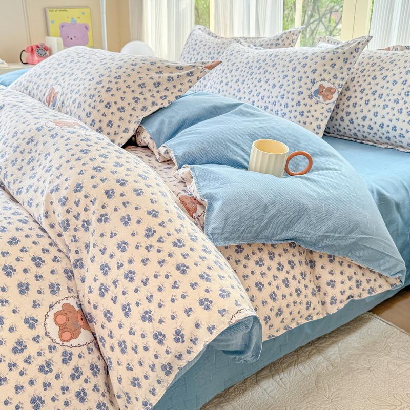 Cotton 4-piece Set Thickened Brushed Fresh Cotton Bed Sheet Quilt Cover Hats Models Dormitory 3-piece Set