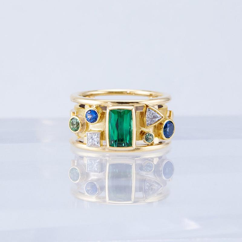 Gold Retro Geometric Ring with Green Zircon for Women