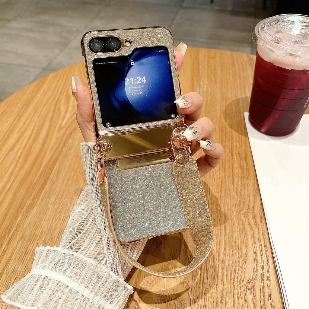 For Samsung Galaxy Z Flip5 5G/Z Flip6 5G Case Hinge Protection Hard PC Glitter Phone Cover with Wrist Strap
