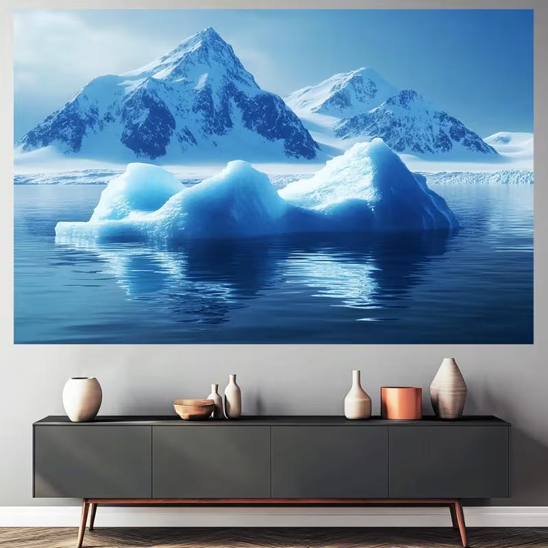 2D Cold Arctic Tapestry, Iceberg Floating on Blue Ocean Background Cloth