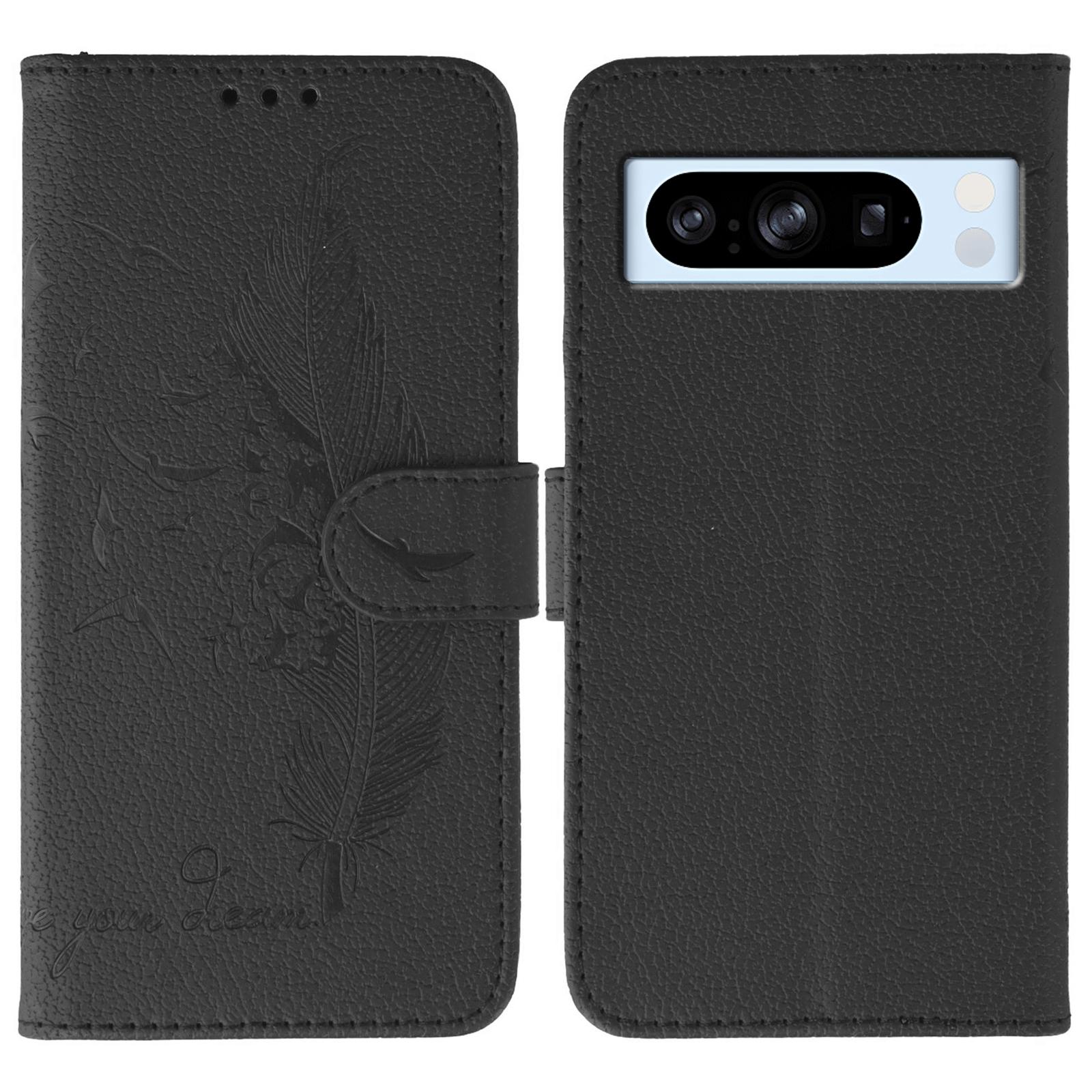 

For Google Pixel 8 Pro Case Feather Imprint PU Leather Wallet Phone Cover Black