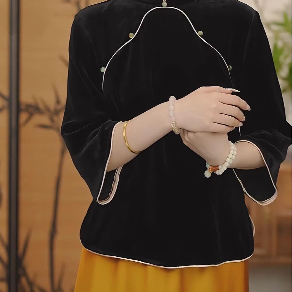 New Chinese Style Gold Velvet Mulberry Silk Women's Autumn Black Base Top Shirt