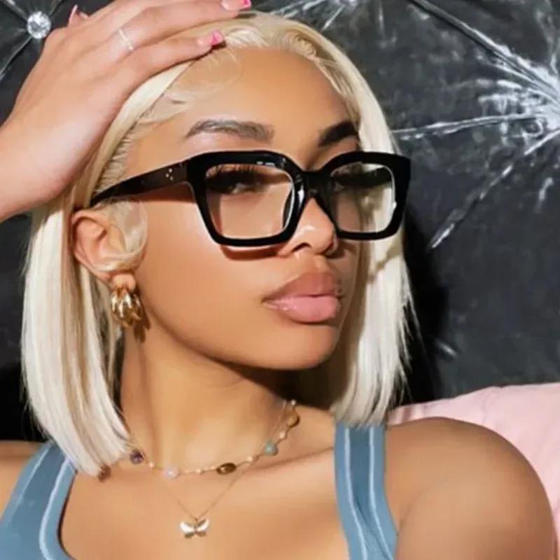 Fashion Anti Blue Light Glasses Women Fake Eyeglasses Trendy Rice Nail Square Frame Female Flat Light Glasses Computer Glasses