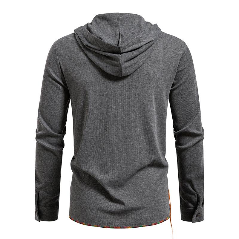 Men's Lace-Up Hooded T-Shirt Casual Retro Top for Men Spring Autumn Fashion Adjustable Sleeve Multi-Color Male Blouse