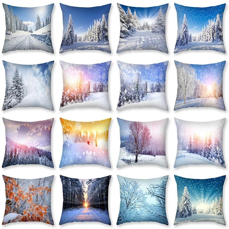 

Christmas Winter Snow Pillowcase Living Room Sofa Cushion Cover Peach Skin Pillowcase Bedroom Room Home Decoration 40x40cm