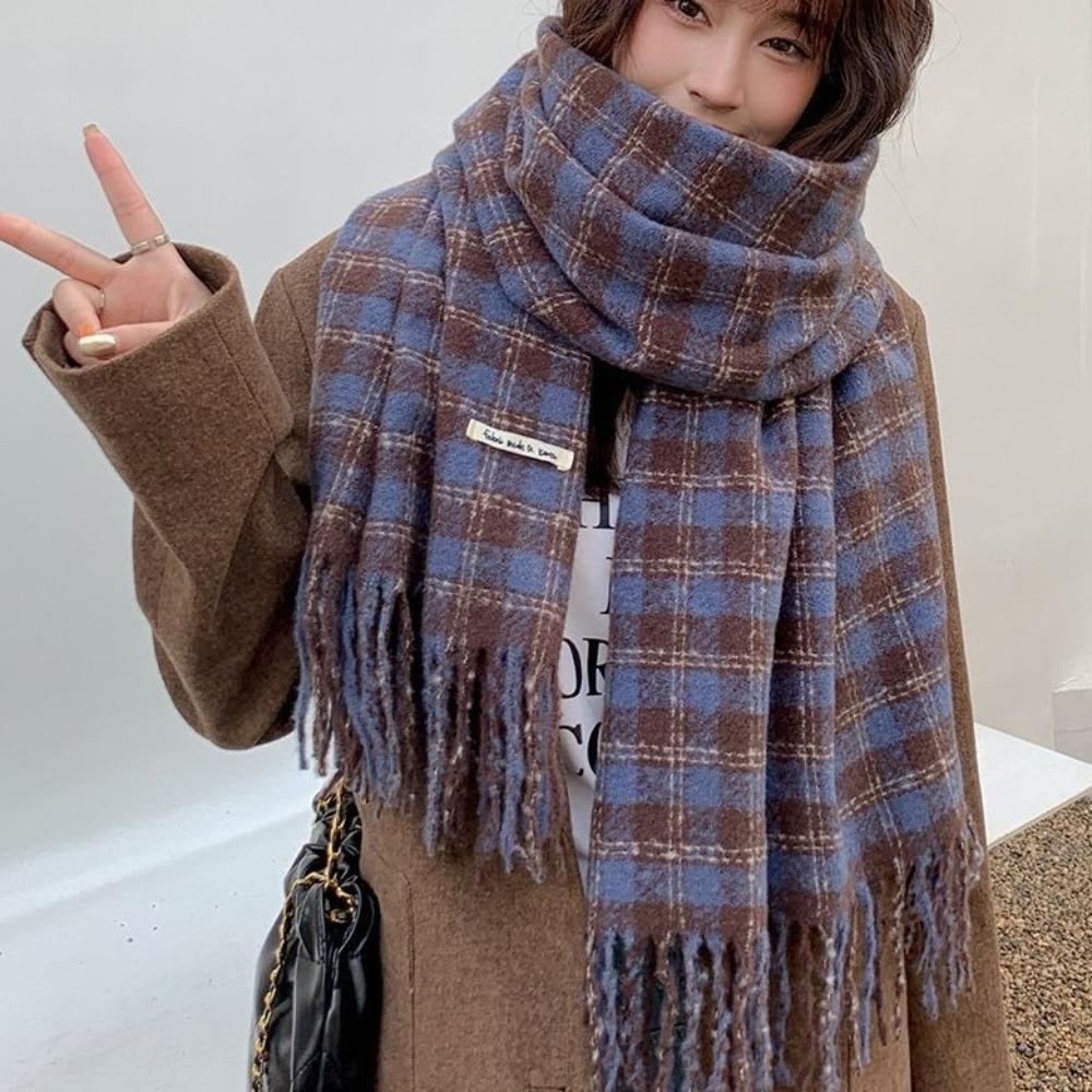 Tassel Winter Cashmere Scarves Plush Long Shawl Retro Plaid Wool Scarf  Autumn