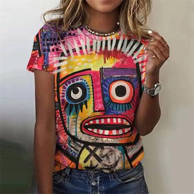 T-shirt da donna astratta con stampa 3D di un volto astratto, top casual Harajuku con scollo rotondo e maniche corte, maglietta estiva larga da donna
