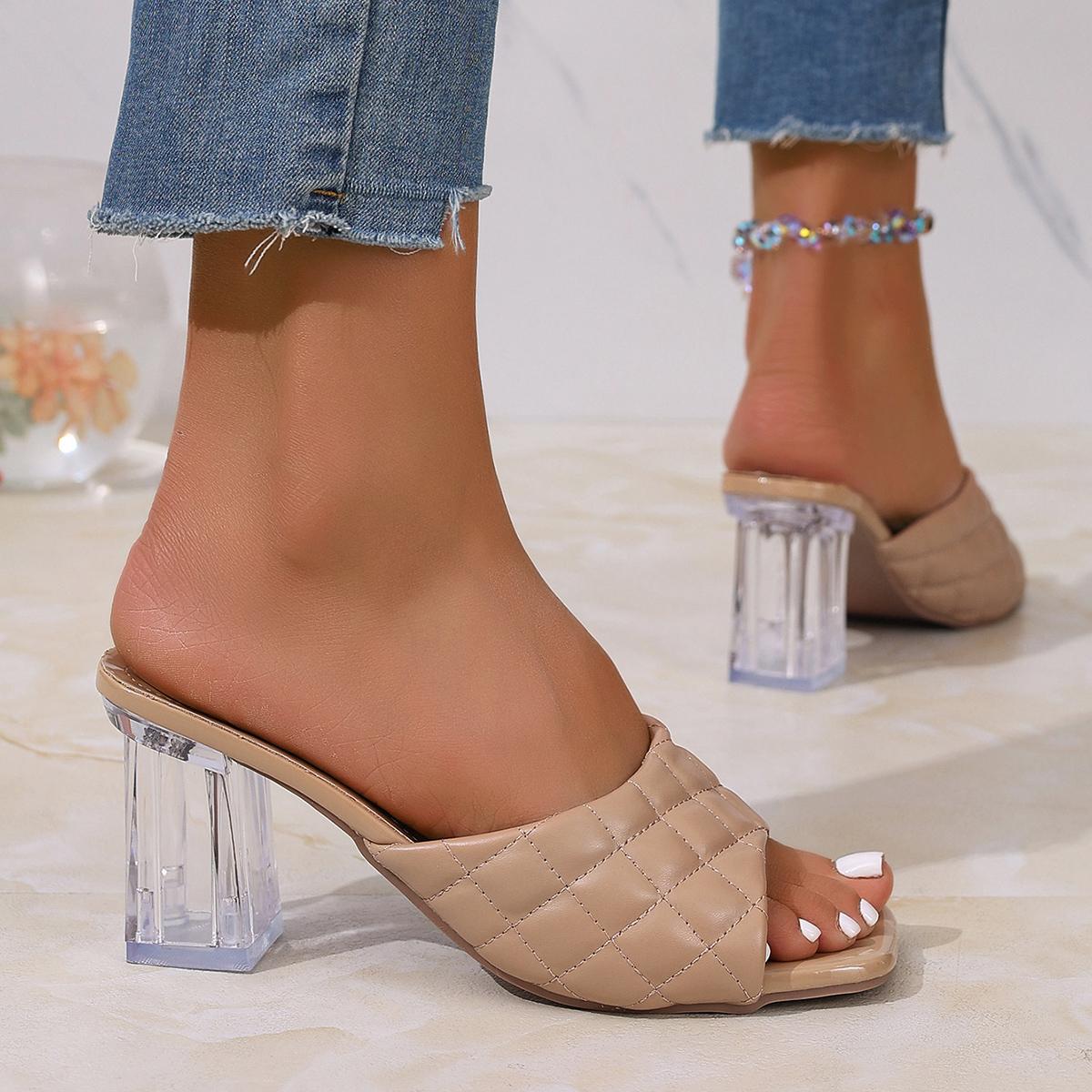 

Fashion Sexy Pu Grid Embossing Square Toe Slippers Women 2025 Summer Transplant High Heels Sandals Women Classic Slip On Party Shoes 35 абрикосовый