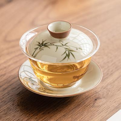 Hand Drawn Emerald Green Bamboo Tea Bowl with Lid, Home Kung Fu Tea Bowl, Glass Tea Set, Ceramic Three Piece Lid Bowl