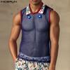 INCERUN Men Sleeveless Mesh See Through Stitching Flowers Embroidery Tank Tops