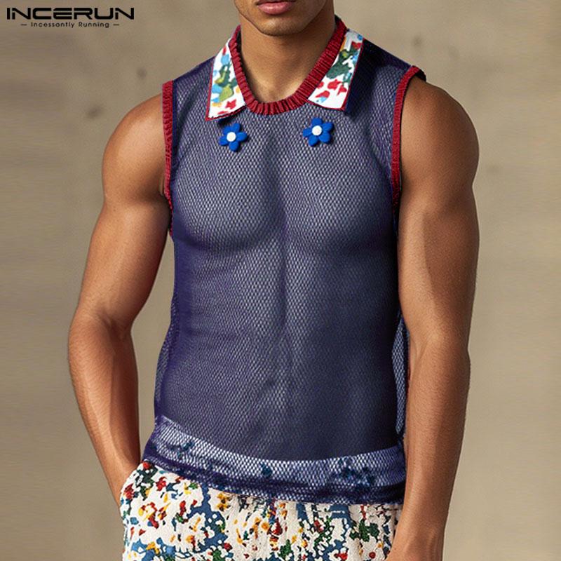 INCERUN Men Sleeveless Mesh See Through Stitching Flowers Embroidery Tank Tops