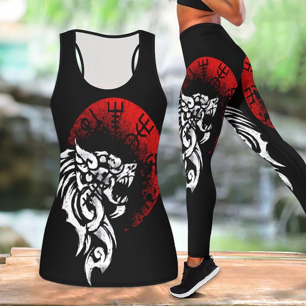 Cunning Wolf Pattern Print Yoga Outfit for Women Fashion Workout Leggings Fitness Sports Casual Yoga Set Sports Suit