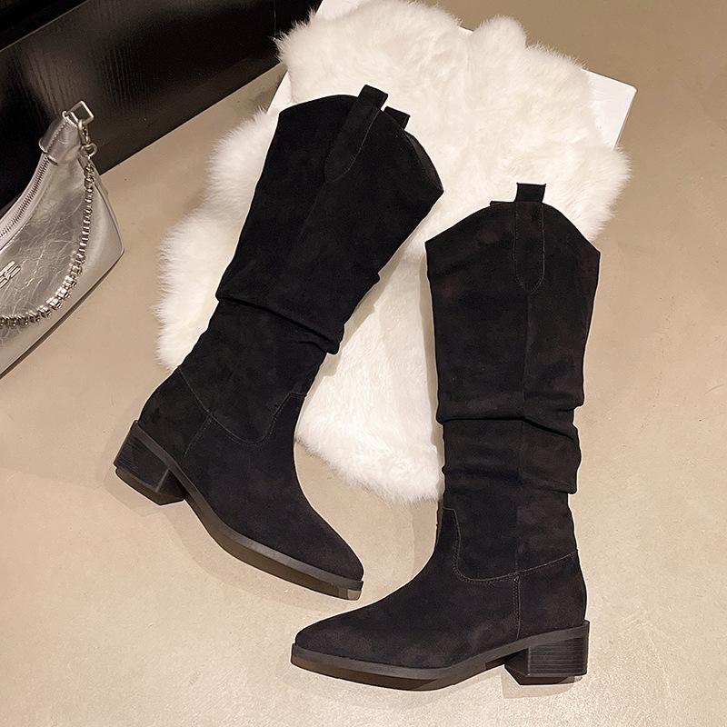 

Винтажные замшевые ботинки Maillard Женские осенне-зимние ботинки на толстом каблуке с острым носком и плиссированным голенищем, ботинки в стиле вестерн, ковбойские, короткие 40 чёрный