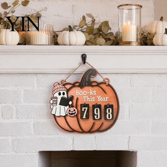 Raised Pattern Counter Halloween Ghost Pumpkin Reading Tracker Wooden Hanging Sign, Sliding Number for Book Read This Year, Decoration Spooky